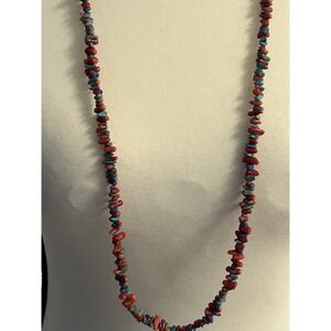 Turquoise Hematite & Bright Faux Coral Necklace. 16 Inch